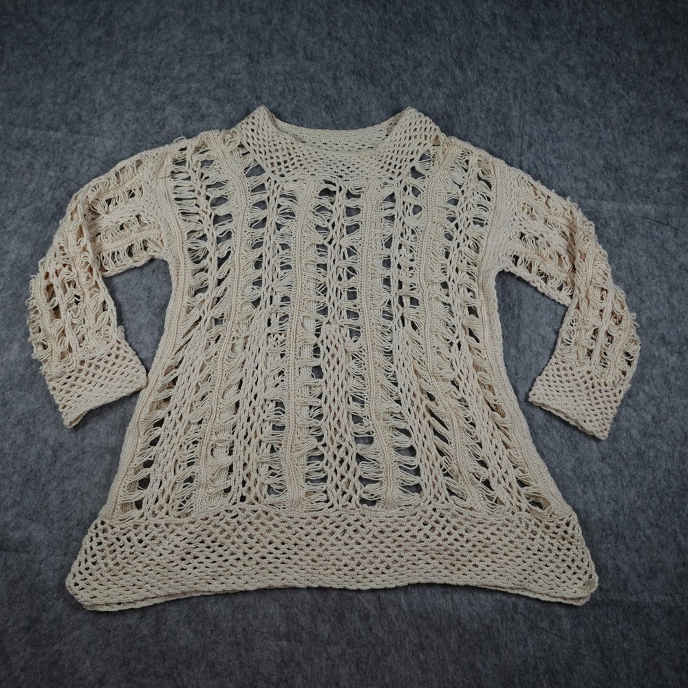 Pure Handknit Sweater Womens Small Cream Cotton Crochet Open Knit 3/4 Sleeve Top